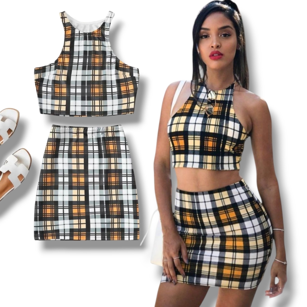 Women's Multicolored Plaid Top & Matching Bodycon Mini Skirt